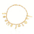 The Mega Lucky Charm Anklet Bracelet features a collection of 11 amulets, including charms shaped like a hand, leaf, heart, horseshoe, grapes, tusk, elephant, and various symbols for good luck and protection against the evil eye. This exquisite piece dangles gracefully from a delicate 14k gold-filled chain and secures with a sturdy clasp.